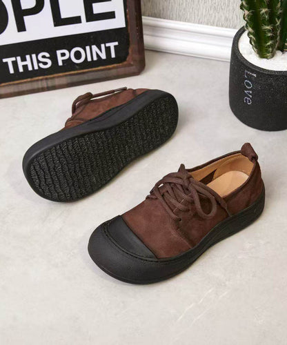 Green Lace Up Cowhide Leather Splicing Flat Feet Shoes