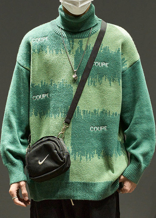 Green Letter Loose Knit Sweater Turtleneck Winter