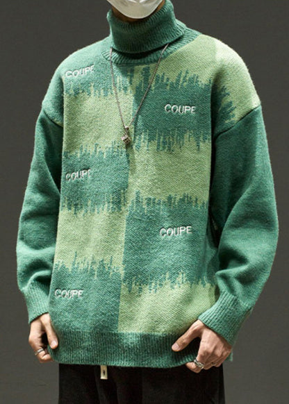 Green Letter Loose Knit Sweater Turtleneck Winter