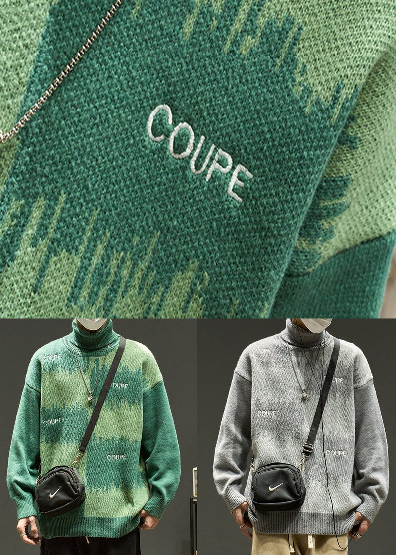Green Letter Loose Knit Sweater Turtleneck Winter
