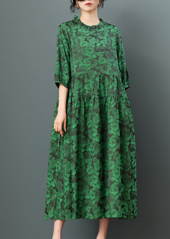 Green O-neck Print Drawstring Maxi Dress Half Sleeve