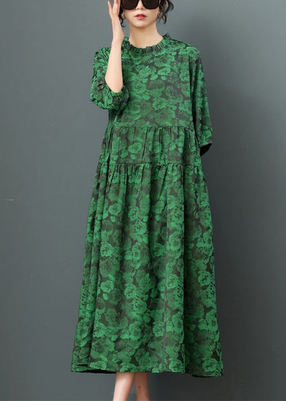 Green O-neck Print Drawstring Maxi Dress Half Sleeve
