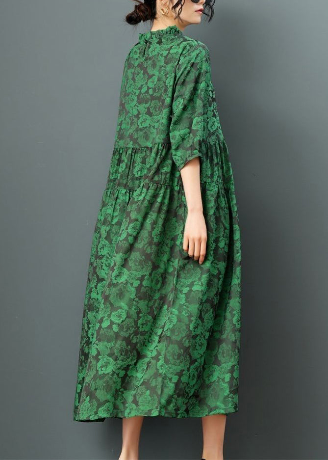 Green O-neck Print Drawstring Maxi Dress Half Sleeve
