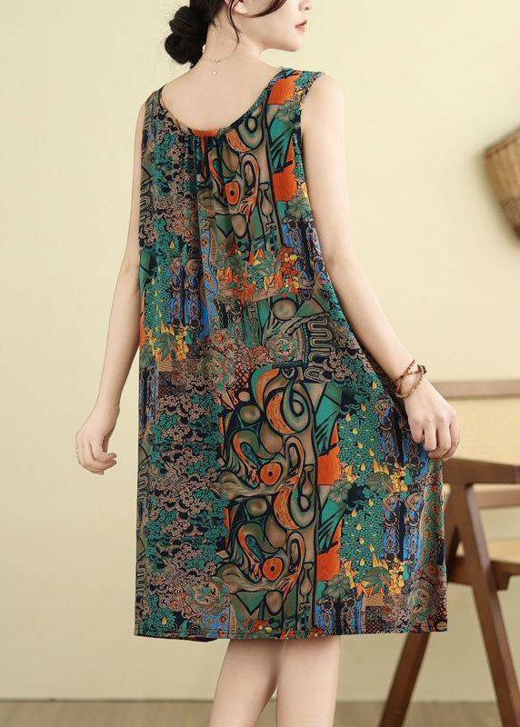 Green O-neck Print Maxi Dresses Sleeveless