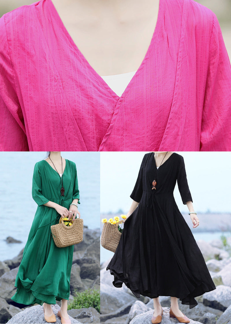 Green Original Layered Long Dress Tie Waist Three Quarter Sleeve