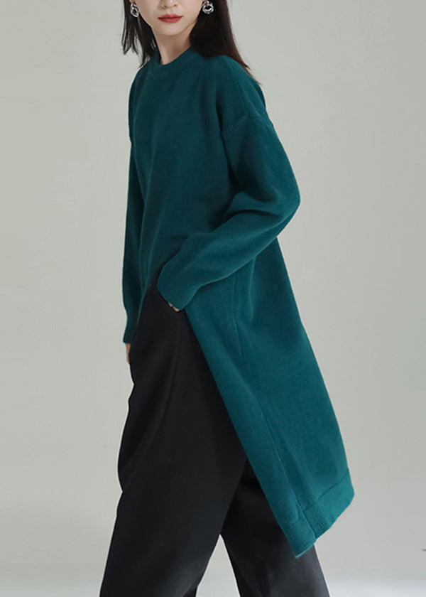 Green Patchwork Knit Dresses O Neck Side Open Winter