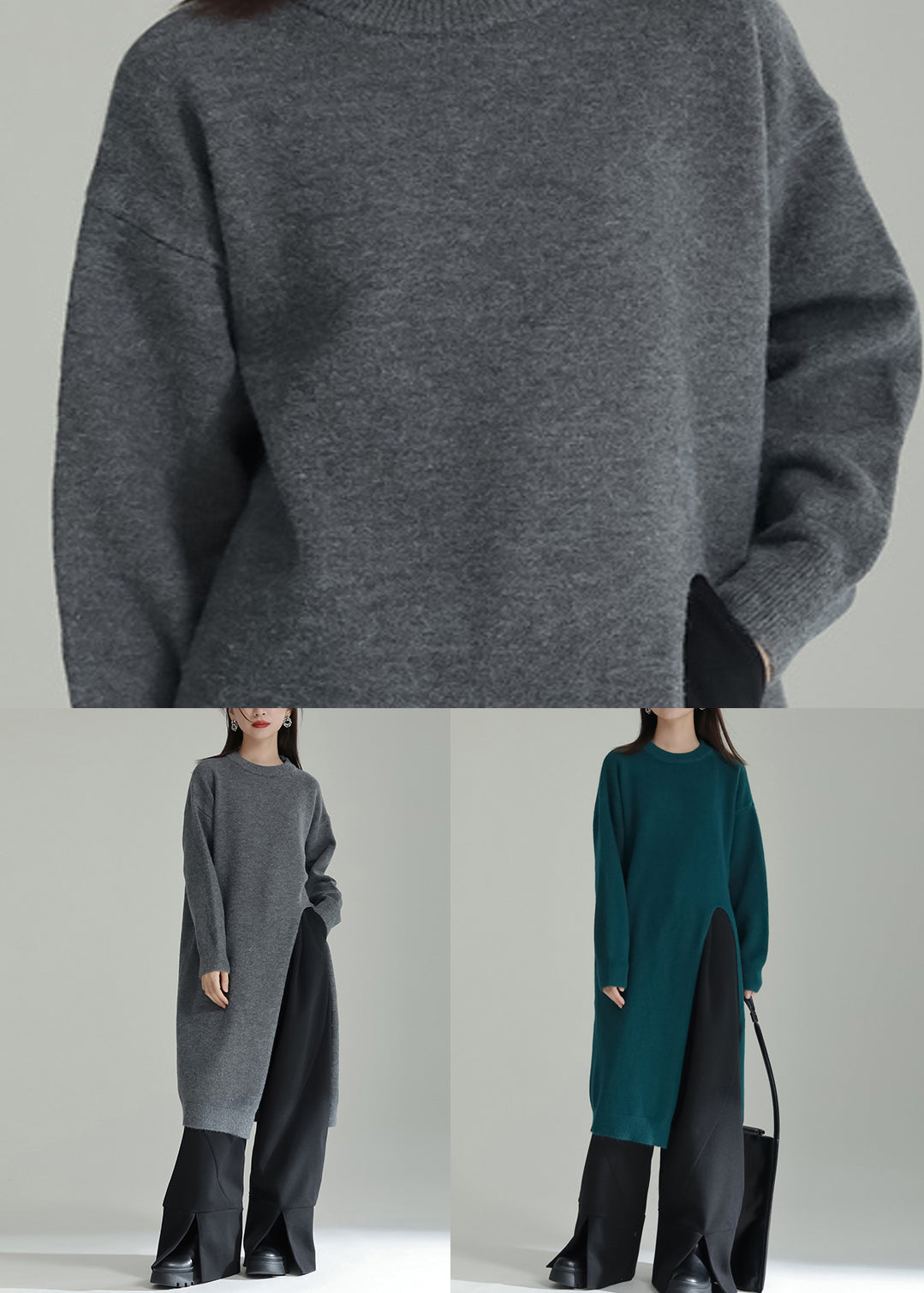 Green Patchwork Knit Dresses O Neck Side Open Winter