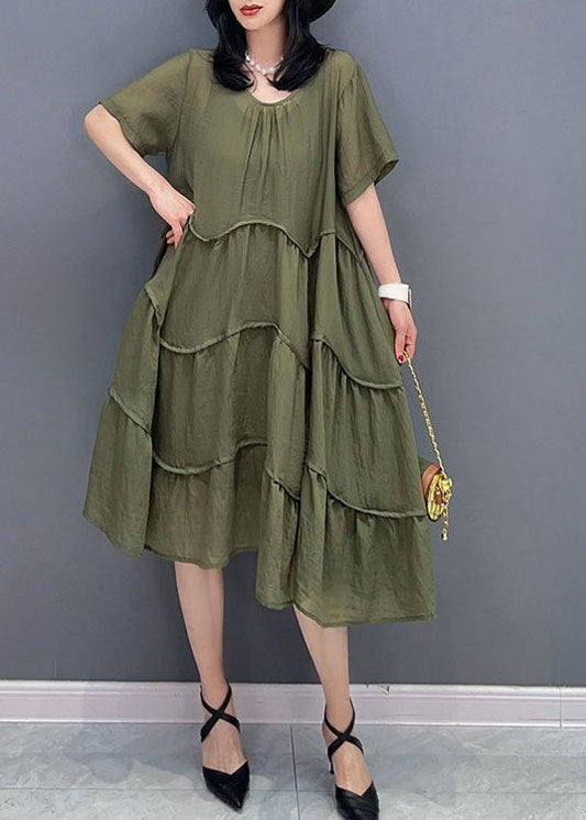 Green Patchwork Cotton 2 Piece Outfit Dress O-neck Wrinkled Summer