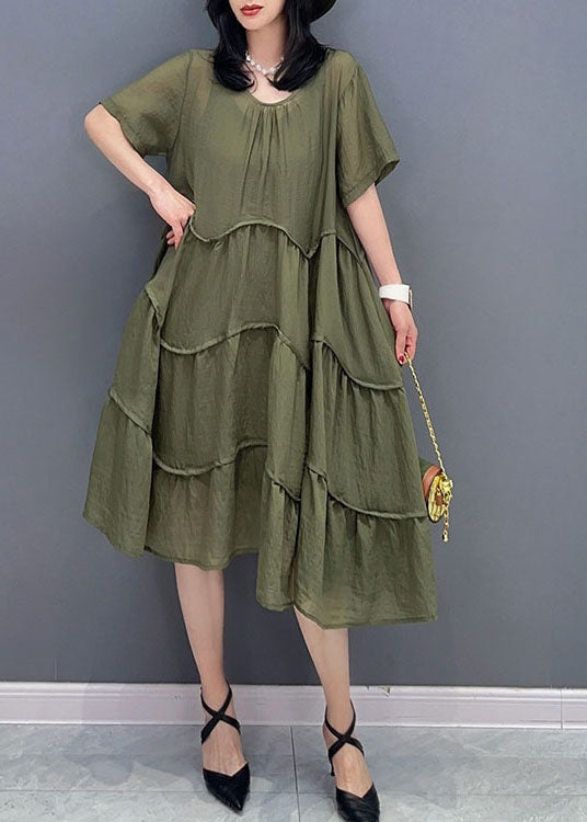 Green Patchwork Cotton 2 Piece Outfit Dress O-neck Wrinkled Summer
