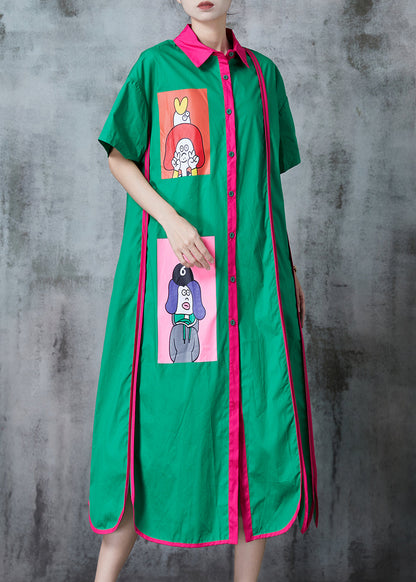 Green Patchwork Cotton a Line Dresses Applique Summer