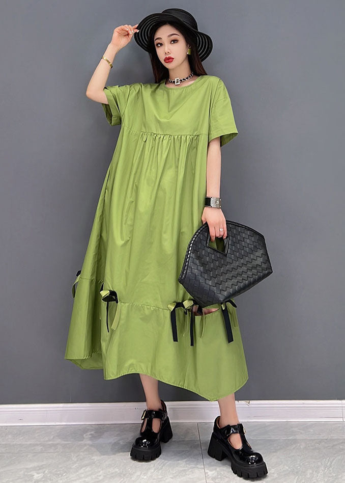 Green Patchwork Cotton Loose Dresses Ruffles Short Sleeve