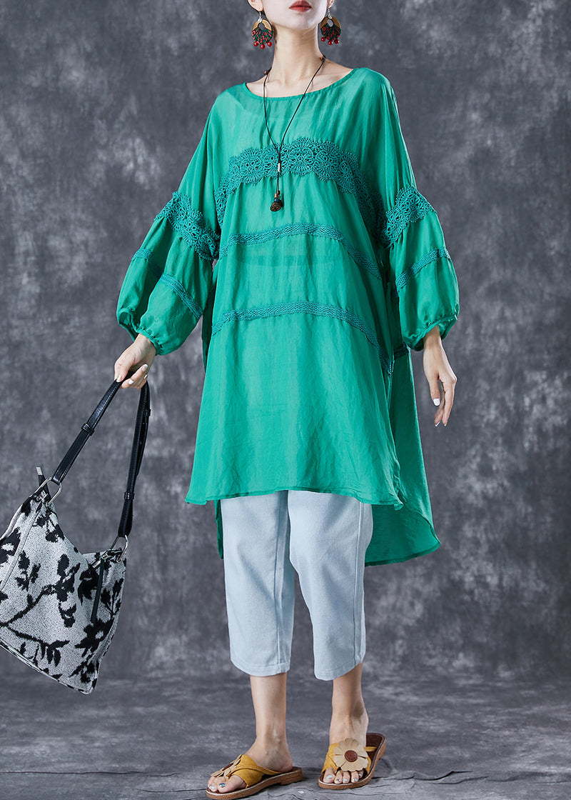 Green Patchwork Cotton Maxi Dresses Oversized Puff Sleeve