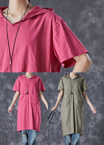 Green Patchwork Cotton Pullover Sweatshirt Dress Hooded Pockets Summer