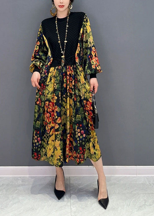 Green Patchwork Knit Chiffon Maxi Dress Exra Large Hem Lantern Sleeve