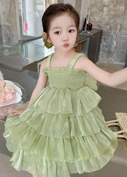 Green Patchwork Tulle Kids Long Dresses Wrinkled Summer