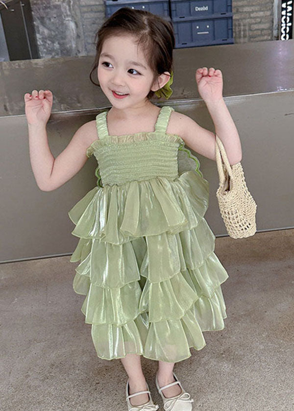 Green Patchwork Tulle Kids Long Dresses Wrinkled Summer