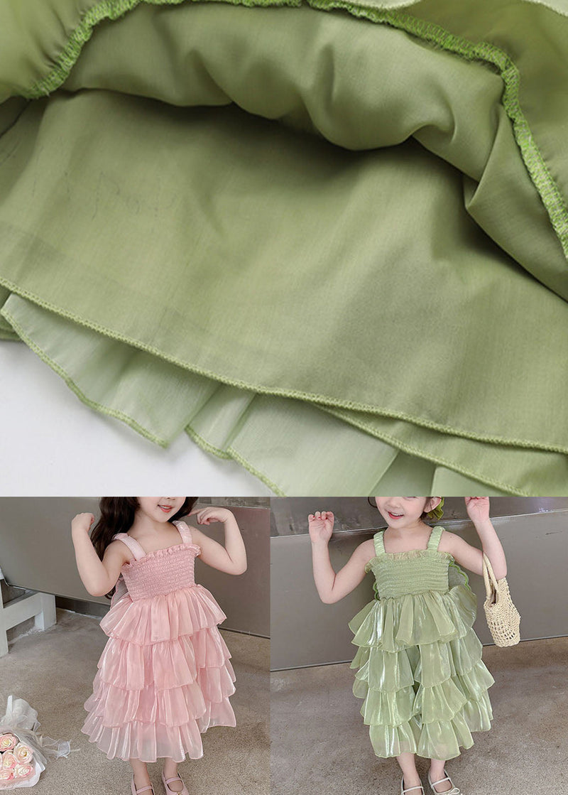 Green Patchwork Tulle Kids Long Dresses Wrinkled Summer