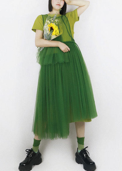 Green Patchwork Tulle Long Dress Hollow Out Color Summer