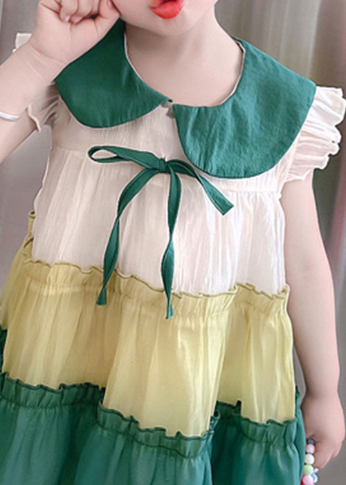 Green Peter Pan Collar Bow Cotton Mid Dresses Summer