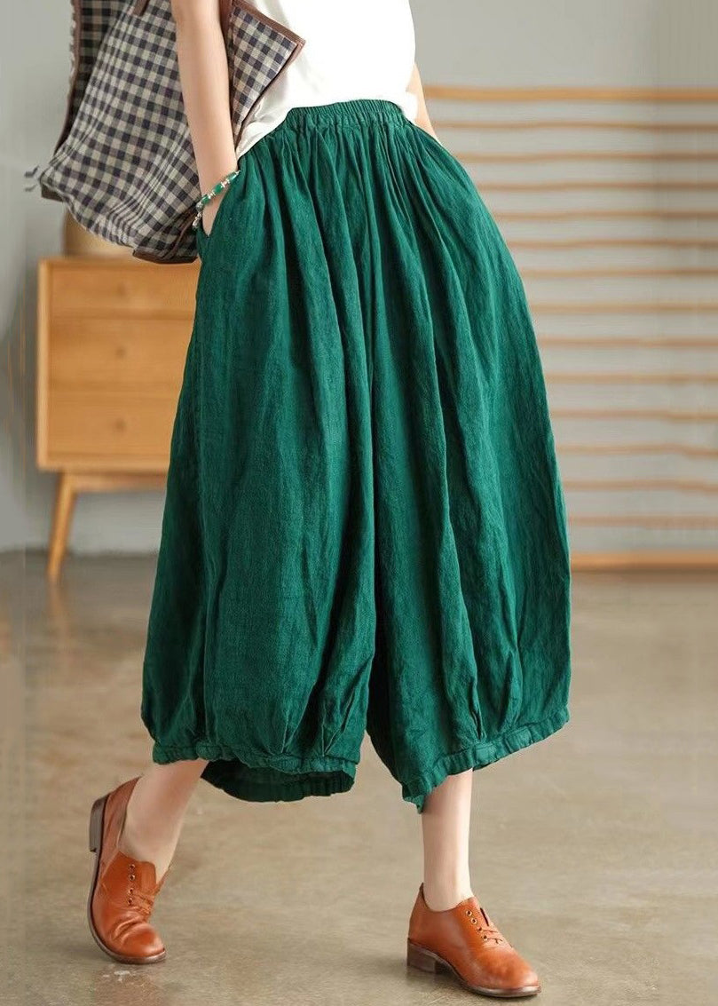 Green Pockets Linen Wide Leg Pants High Waist Summer