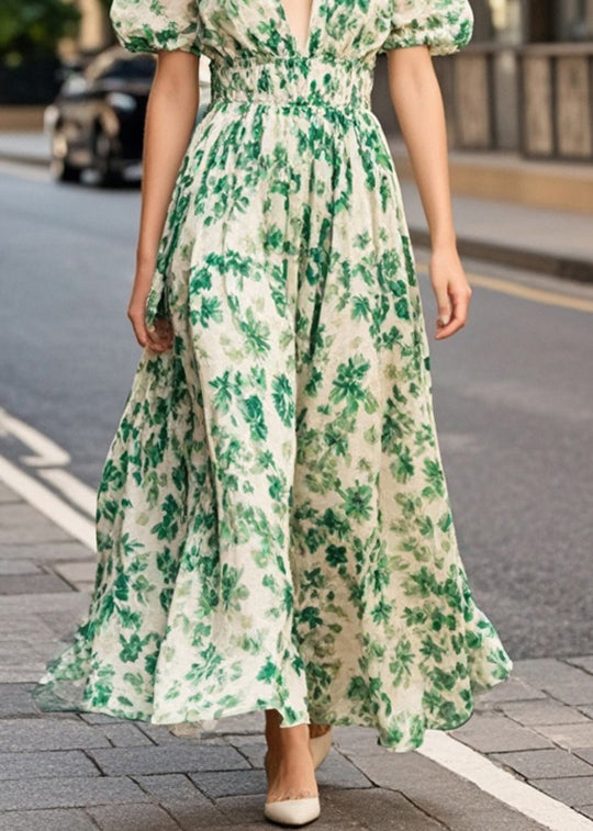 Green Print Chiffon Long Dresses Deep-v Neck Puff Sleeve