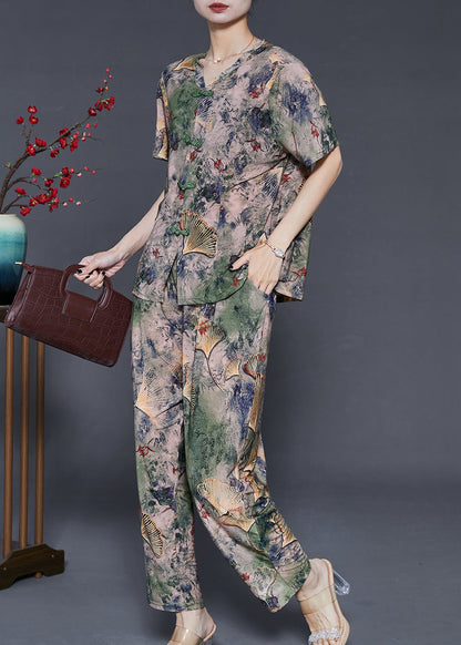 Green Print Chiffon Two Pieces Set Chinese Button Summer