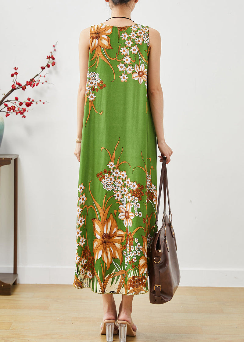 Green Print Cotton a Line Dresses Oversized Sleeveless
