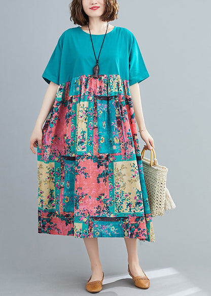 Green Print Cotton Maxi Dresses O-neck Oversized Summer