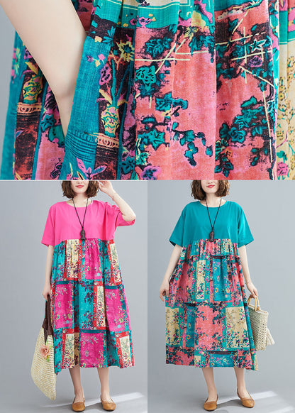 Green Print Cotton Maxi Dresses O-neck Oversized Summer