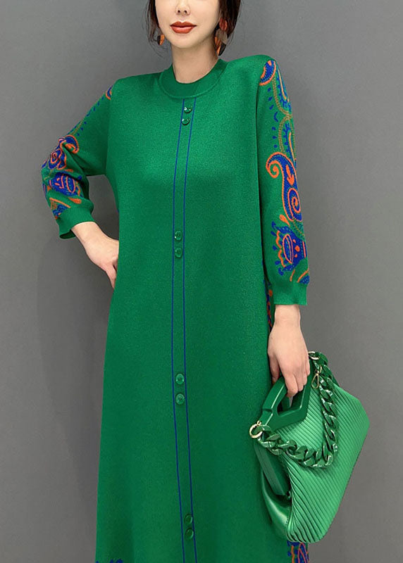 Green Print Knit Long Dresses O-neck Slim Fit Spring