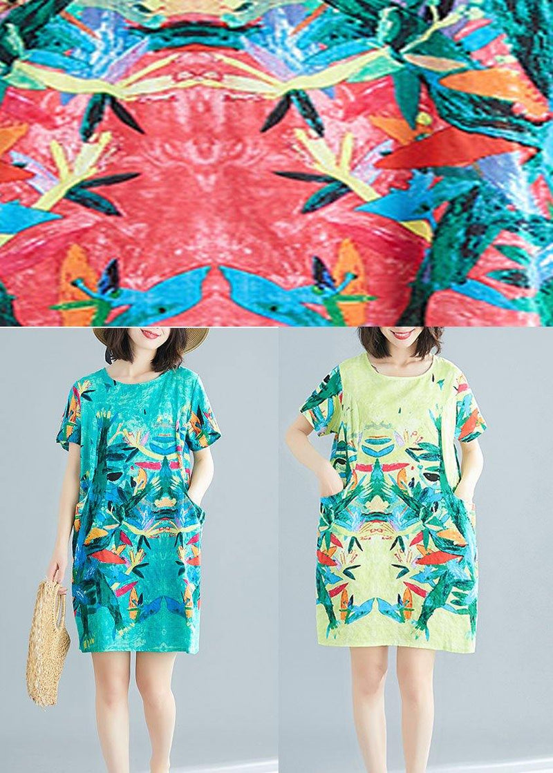 Green Print O-neck Pockets Summer Short Sleeve Party Dresses