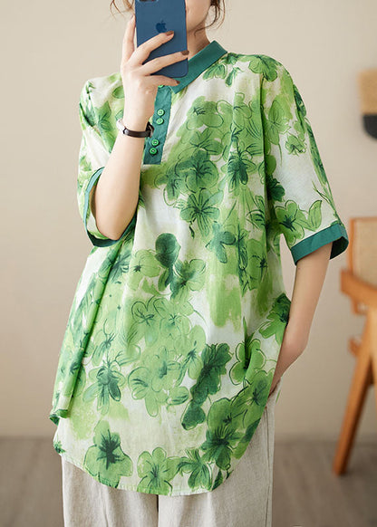 Green Print Patchwork Cotton Shirt Top Peter Pan Collar Summer