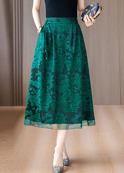 Green Print Silk a Line Skirts Tasseled Summer