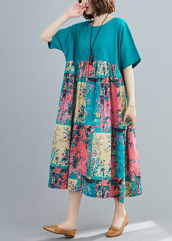 Green Print Extra Large Hem Dresses Wrinkled Short Sleeve