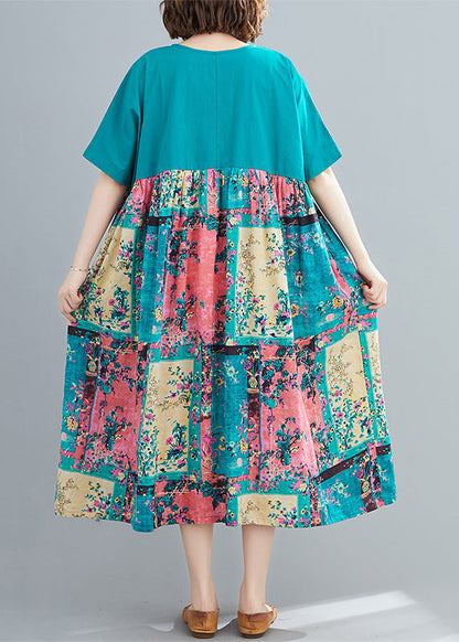 Green Print Extra Large Hem Dresses Wrinkled Short Sleeve
