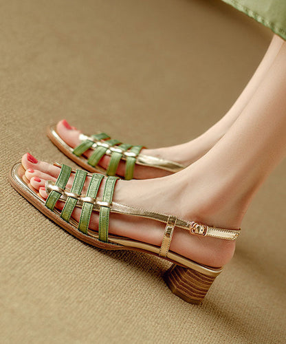 Green Sandals Chunky Cowhide Leather Splicing Peep Toe