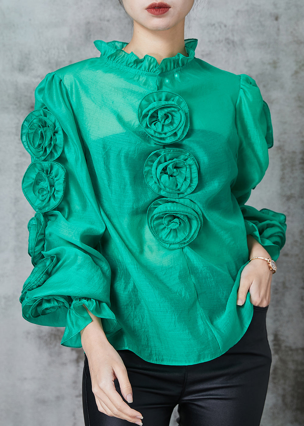 Green Stereoscopic Chiffon Shirt Top Ruffled Spring