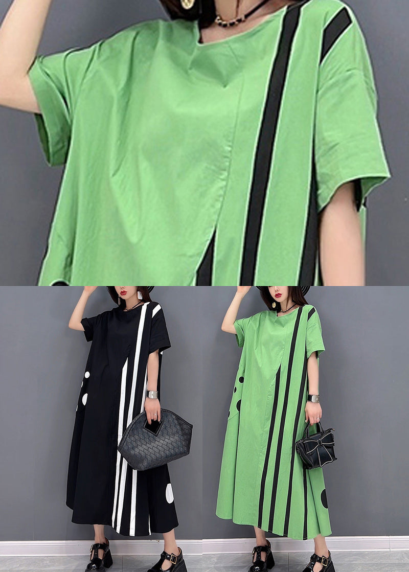 Green Striped Patchwork Cotton Vacation Dresses O-neck Oversized Short Sleeve
