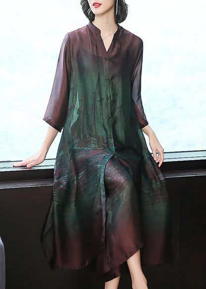 Green Thin Silk Shirt Dress and Wide Leg Pants Two Pieces Set Pockets Summer