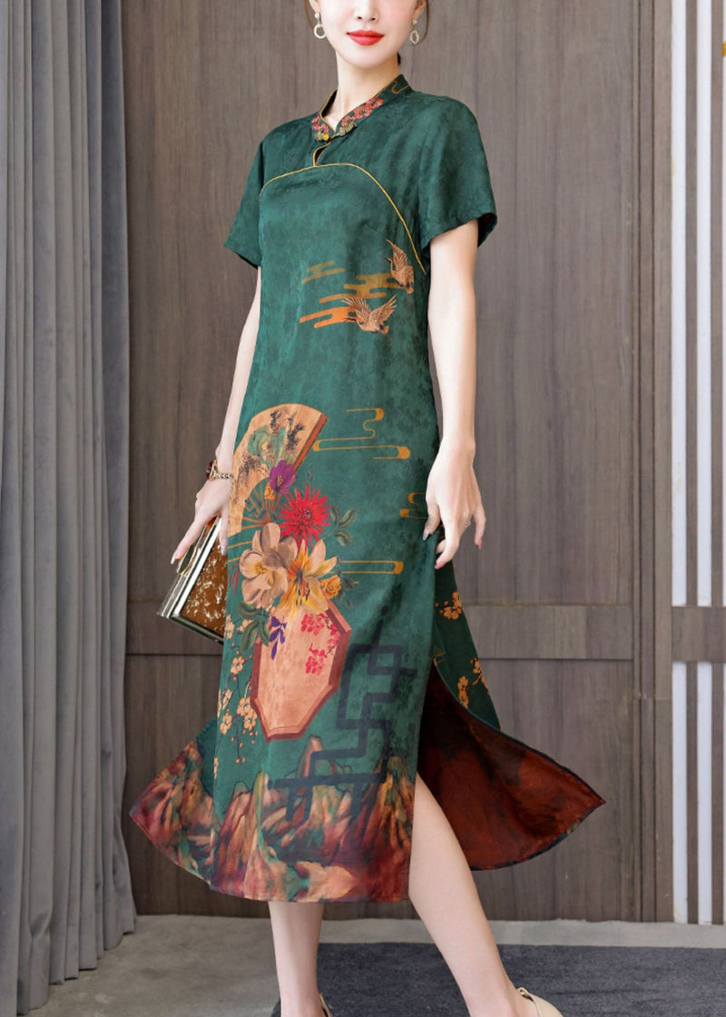 Green Silk Cheongsam Dress Stand Collar Side Open Short Sleeve