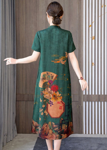 Green Silk Cheongsam Dress Stand Collar Side Open Short Sleeve
