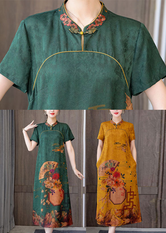 Green Silk Cheongsam Dress Stand Collar Side Open Short Sleeve