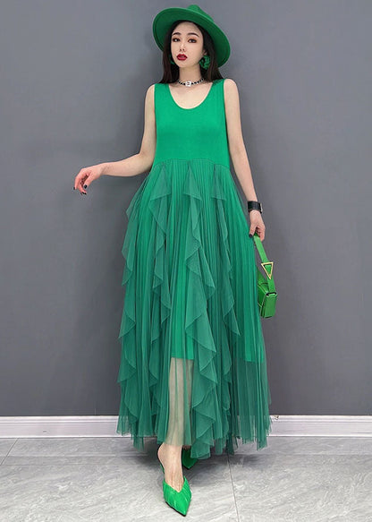 Green Tulle Patchwork Cotton Fitted Dresses O-neck Sleeveless