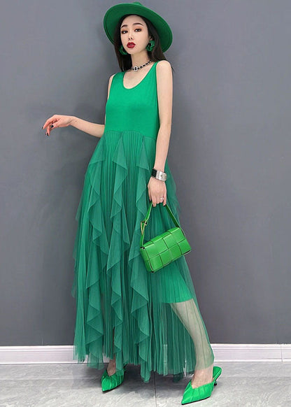 Green Tulle Patchwork Cotton Fitted Dresses O-neck Sleeveless