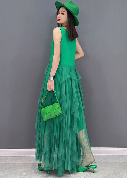 Green Tulle Patchwork Cotton Fitted Dresses O-neck Sleeveless