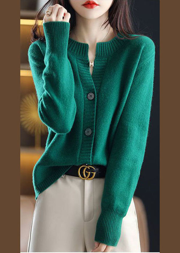 Green Woolen Knit Coats O-neck Button Color Winter