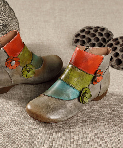 Grey Boots Cowhide Leather Comfortable Splicing