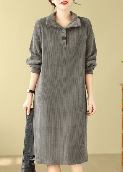 Grey Button Simple Corduroy Mid Dress Hign Neck Fall