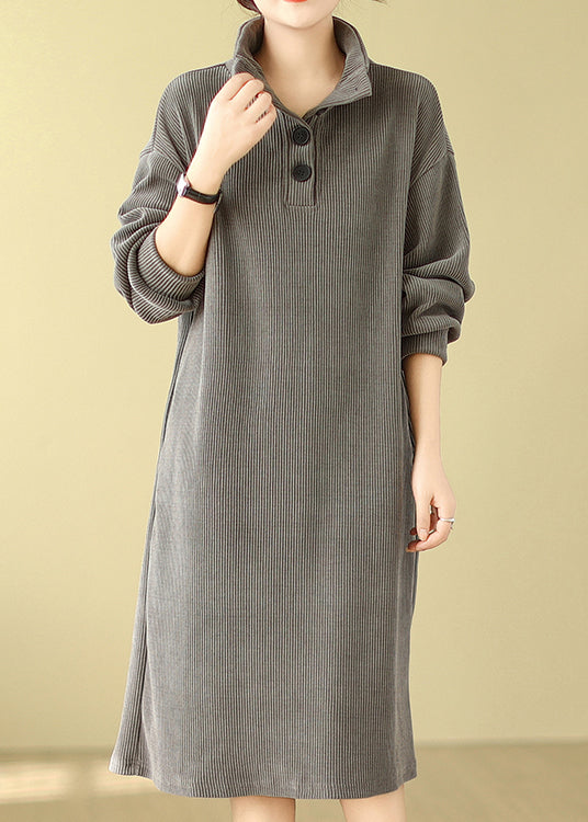 Grey Button Simple Corduroy Mid Dress Hign Neck Fall