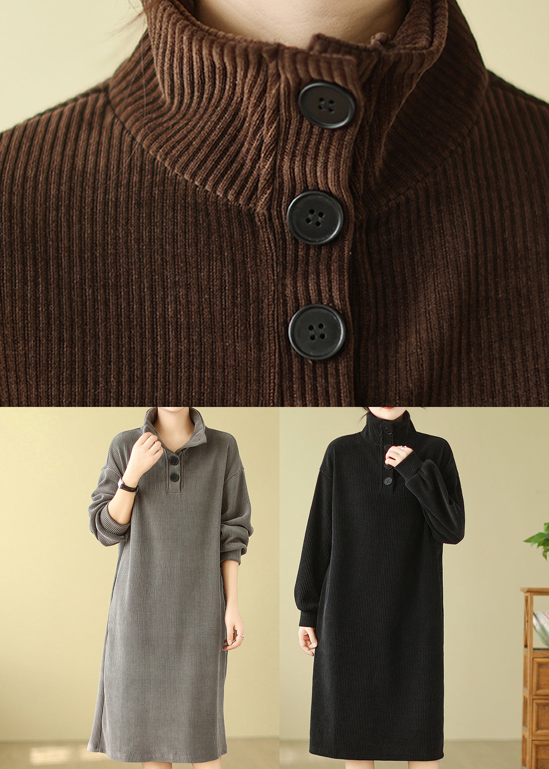 Grey Button Simple Corduroy Mid Dress Hign Neck Fall
